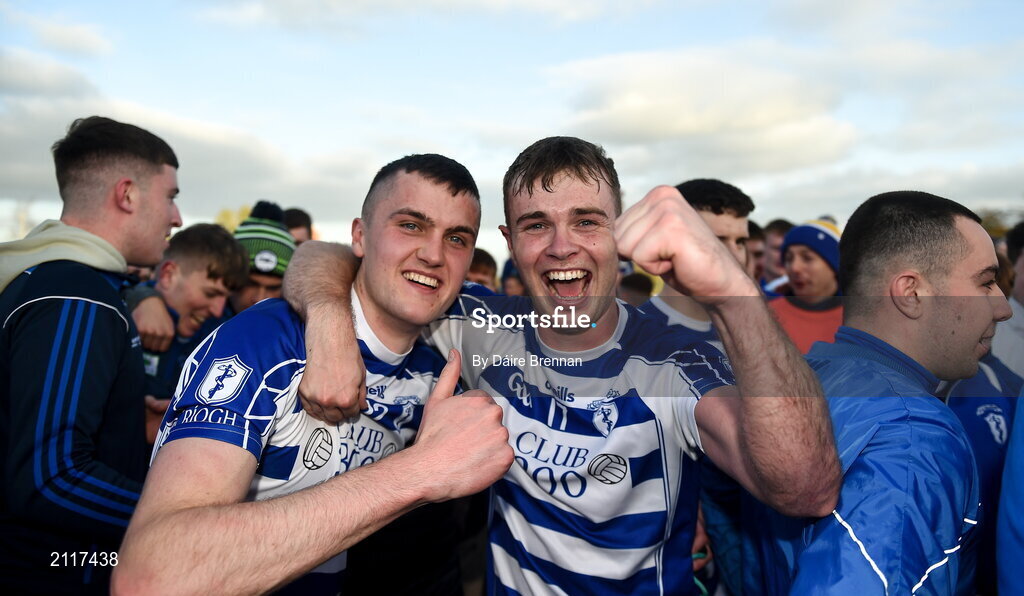 7 November 2021; Conor McCarthy, left, and Sean Cullen of Naas celebrate after the Kildare County Senior Club Football Championship Final match between Naas and Sarsfields at St Conleth's Park in Newbridge, Kildare. Photo by Daire Brennan/Sportsfile
