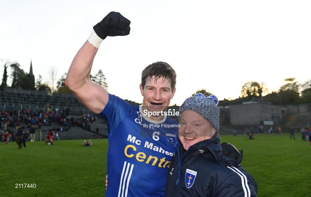 7 November 2021; Darren Hughes of Scotstown and John Morgan celebrate after the Monaghan County Senior Club Football Championship Final match between Scotstown and Truagh at St Tiernachs Park in Clones, Monaghan. Photo by Philip Fitzpatrick/Sportsfile