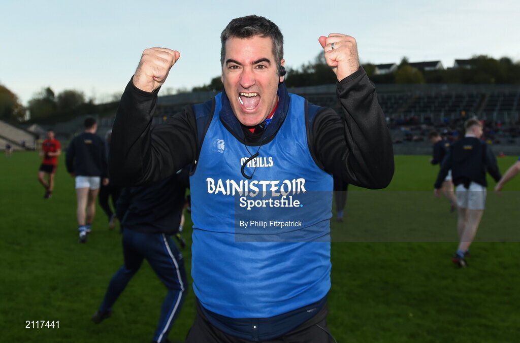 7 November 2021; Scotstown manager Colin McAree celebrates after winning the Monaghan County Senior Club Football Championship Final match between Scotstown and Truagh at St Tiernachs Park in Clones, Monaghan. Photo by Philip Fitzpatrick/Sportsfile