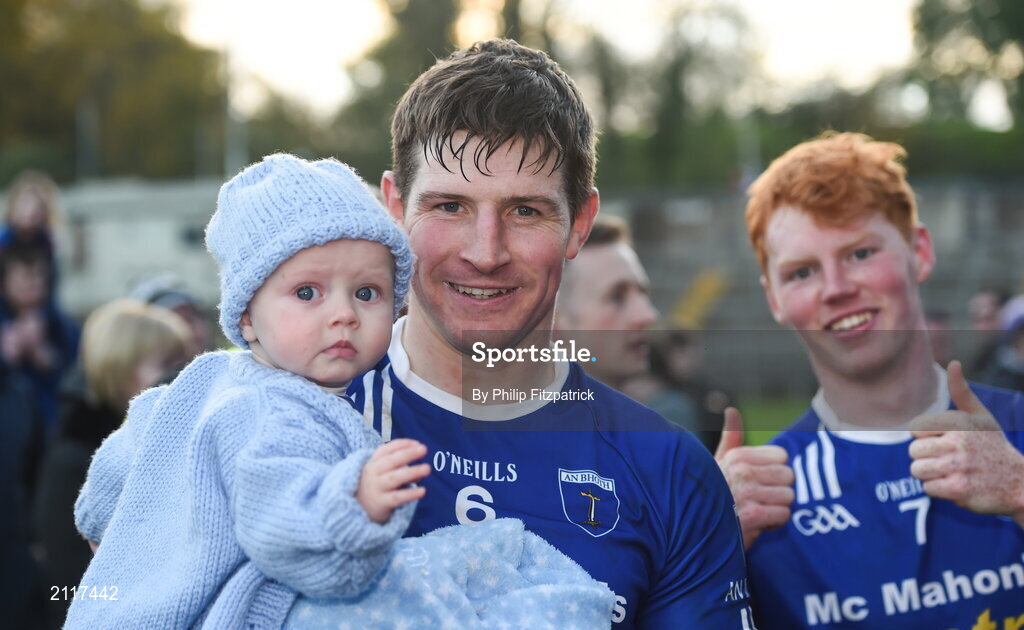 7 November 2021; Darren Hughes of Scotstown with his six month old son Cillian after the Monaghan County Senior Club Football Championship Final match between Scotstown and Truagh at St Tiernachs Park in Clones, Monaghan. Photo by Philip Fitzpatrick/Sportsfile