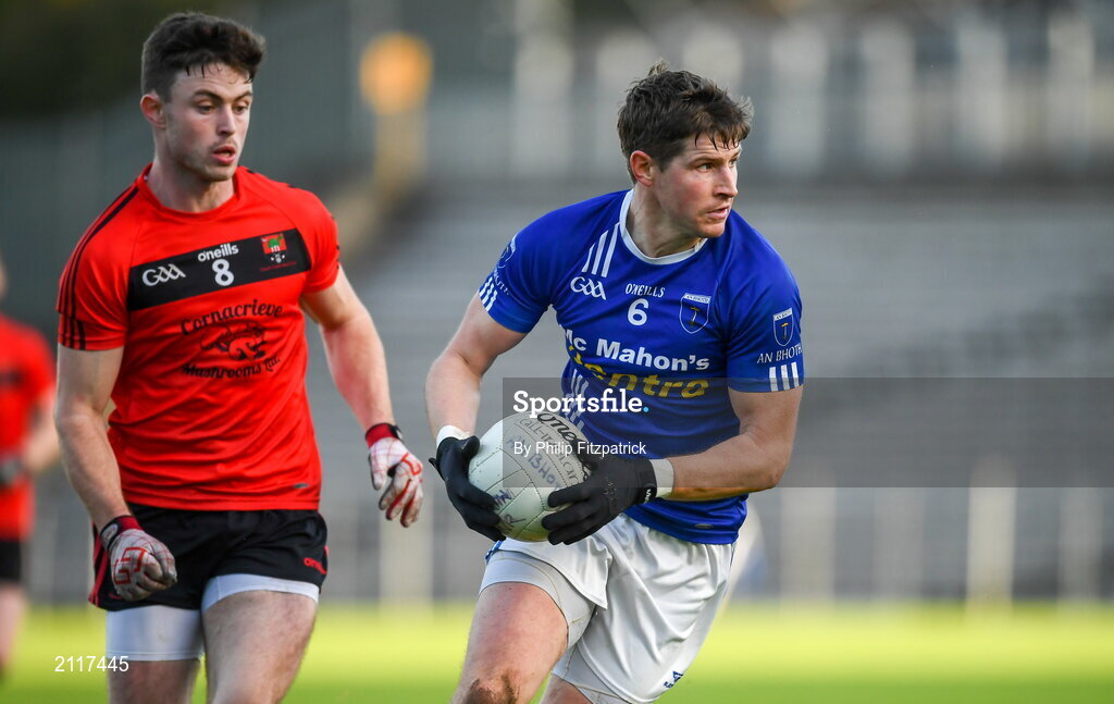 7 November 2021; Darren Hughes of Scotstown in action against Ryan Mohan of Truagh during the Monaghan County Senior Club Football Championship Final match between Scotstown and Truagh at St Tiernachs Park in Clones, Monaghan. Photo by Philip Fitzpatrick/Sportsfile