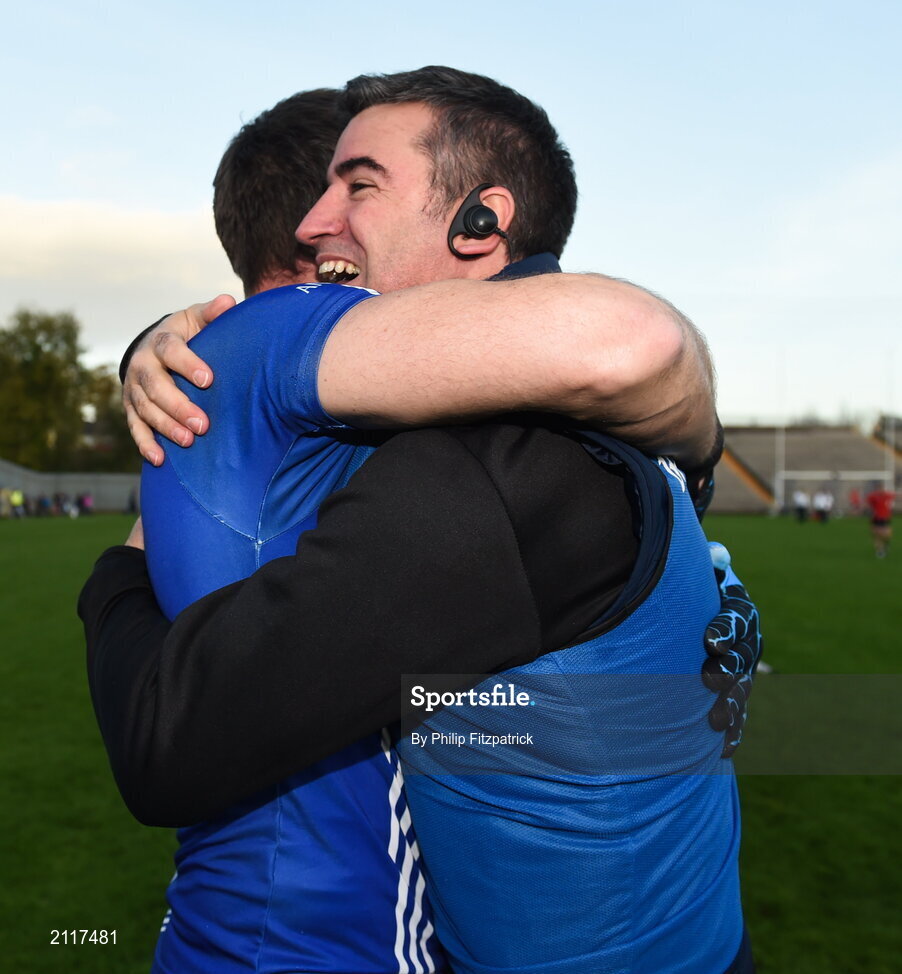 7 November 2021; Scotstown manager Colin McAree and Darren Hughes of Scotstown celebrate after winning the Monaghan County Senior Club Football Championship Final match between Scotstown and Truagh at St Tiernachs Park in Clones, Monaghan. Photo by Philip Fitzpatrick/Sportsfile