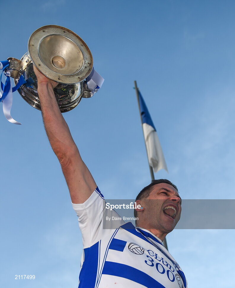 7 November 2021; Naas captain Eamonn Callaghan lifts the cup after the Kildare County Senior Club Football Championship Final match between Naas and Sarsfields at St Conleth's Park in Newbridge, Kildare. Photo by Daire Brennan/Sportsfile