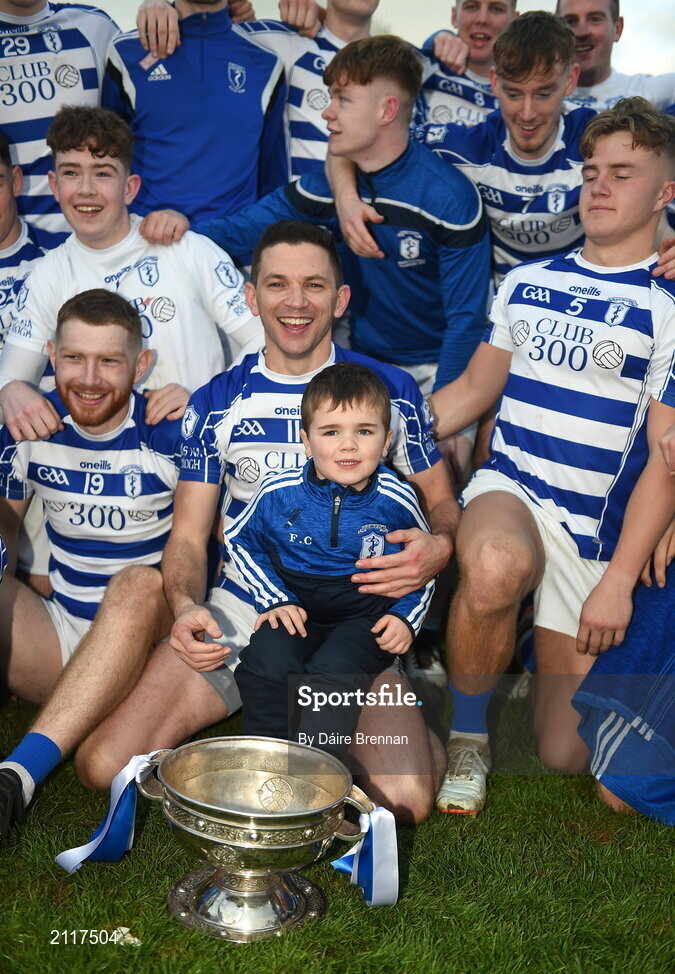 7 November 2021; Naas captain Eamonn Callaghan with his son Fionn, aged 4, after the Kildare County Senior Club Football Championship Final match between Naas and Sarsfields at St Conleth's Park in Newbridge, Kildare. Photo by Daire Brennan/Sportsfile