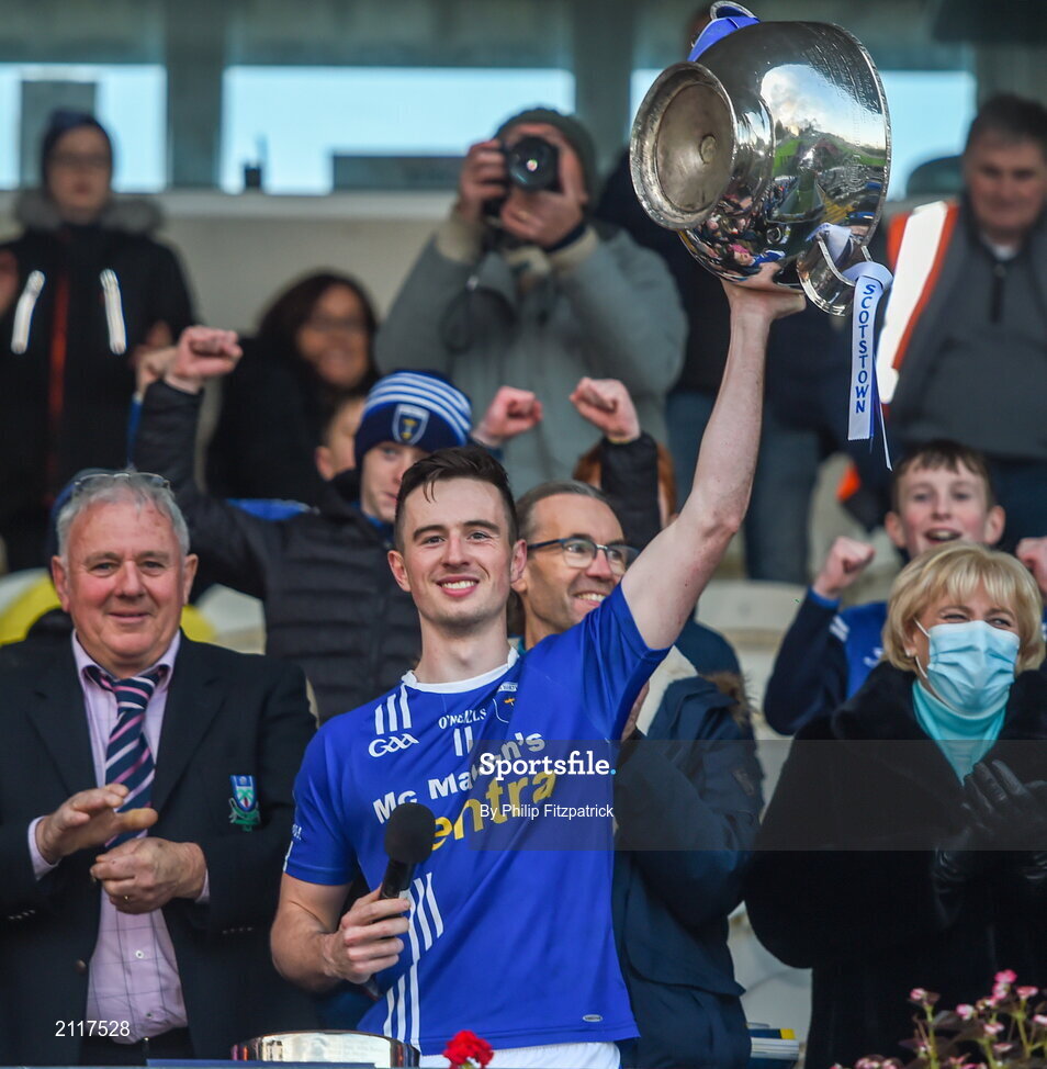 7 November 2021; Shane Carey of Scotstown lifts the Mick Duffy cup after the Monaghan County Senior Club Football Championship Final match between Scotstown and Truagh at St Tiernachs Park in Clones, Monaghan. Photo by Philip Fitzpatrick/Sportsfile
