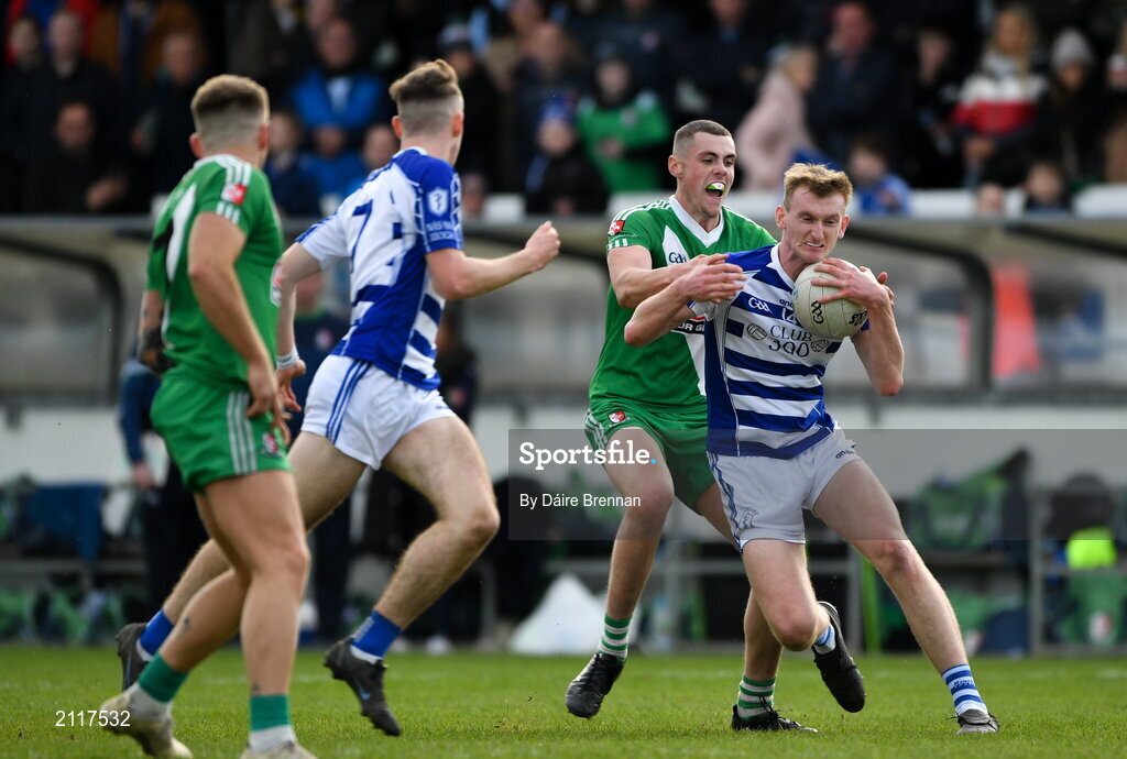 7 November 2021; James Burke of Naas in action against Tadhg Hoey of Sarsfields during the Kildare County Senior Club Football Championship Final match between Naas and Sarsfields at St Conleth's Park in Newbridge, Kildare. Photo by Daire Brennan/Sportsfile
