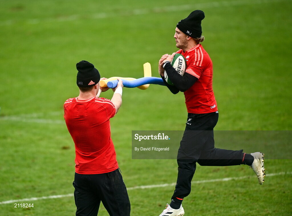 9 November 2021; Damian McKenzie, right, and Jordie Barrett during New Zealand All Blacks rugby squad training at UCD Bowl in Dublin. Photo by David Fitzgerald/Sportsfile