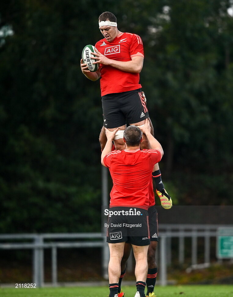 9 November 2021; Brodie Retallick is lifted by Dane Coles during New Zealand All Blacks rugby squad training at UCD Bowl in Dublin. Photo by David Fitzgerald/Sportsfile