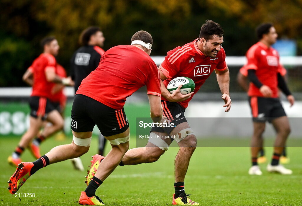 9 November 2021; Luke Jacobson, right, and Brodie Retallick during New Zealand All Blacks rugby squad training at UCD Bowl in Dublin. Photo by David Fitzgerald/Sportsfile