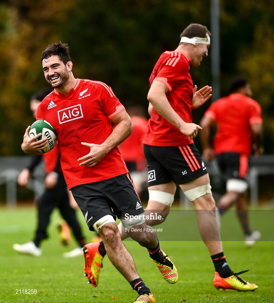 9 November 2021; Luke Jacobson, left, and Brodie Retallick during New Zealand All Blacks rugby squad training at UCD Bowl in Dublin. Photo by David Fitzgerald/Sportsfile
