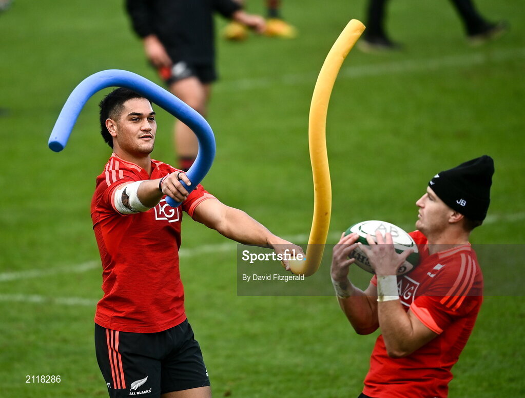 9 November 2021; Quinn Tupaea, left, and Jordie Barrett during New Zealand All Blacks rugby squad training at UCD Bowl in Dublin. Photo by David Fitzgerald/Sportsfile