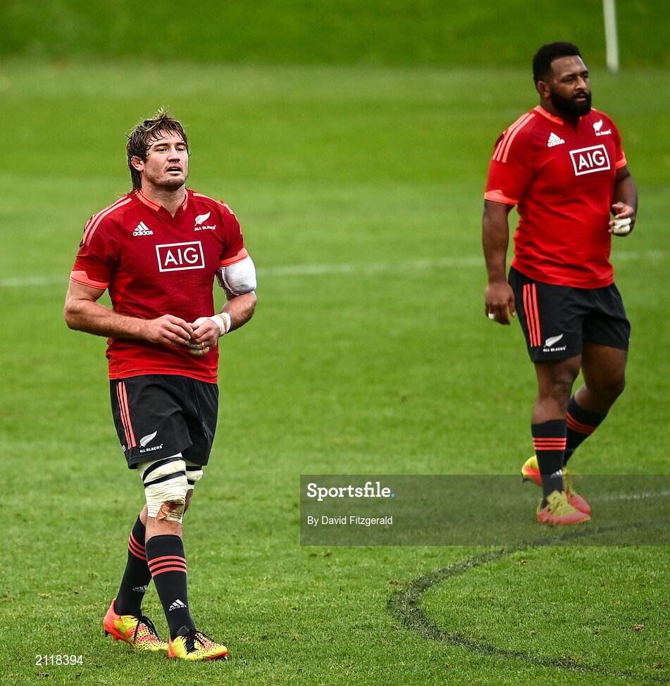 9 November 2021; Ethan Blackadder, left, and George Bower during New Zealand All Blacks rugby squad training at UCD Bowl in Dublin. Photo by David Fitzgerald/Sportsfile
