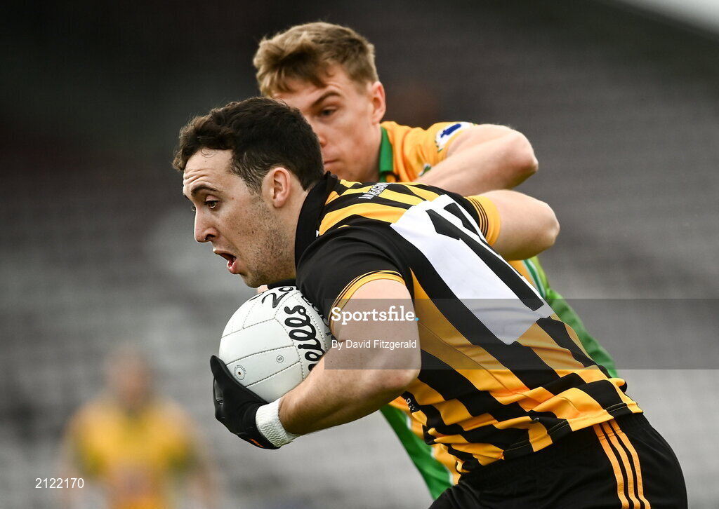 14 November 2021; Eoin Finnerty of Mountbellew Moylough in action against Liam Silke of Corofin during the Galway County Senior Club Football Championship Final match between Corofin and Mountbellew / Moylough at Pearse Stadium in Galway. Photo by David Fitzgerald/Sportsfile