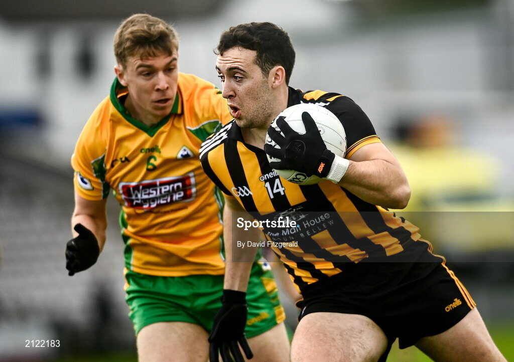14 November 2021; Eoin Finnerty of Mountbellew Moylough in action against Liam Silke of Corofin during the Galway County Senior Club Football Championship Final match between Corofin and Mountbellew / Moylough at Pearse Stadium in Galway. Photo by David Fitzgerald/Sportsfile