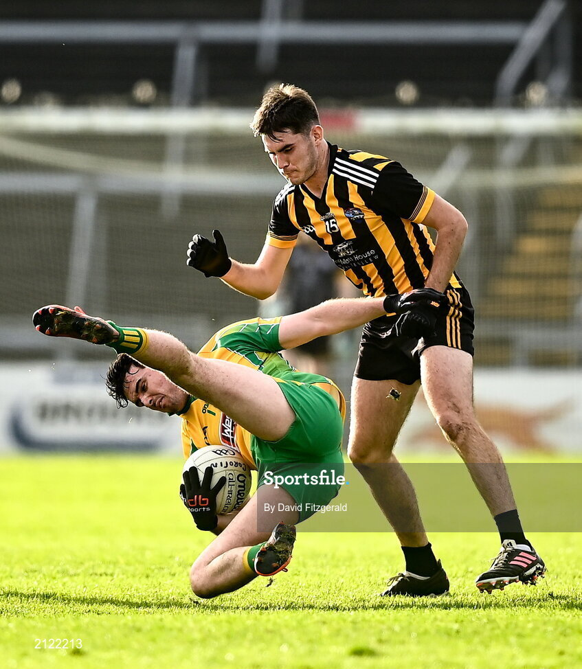 14 November 2021; Colin Brady of Corofin in action against Barry McHugh of Mountbellew Moylough during the Galway County Senior Club Football Championship Final match between Corofin and Mountbellew / Moylough at Pearse Stadium in Galway. Photo by David Fitzgerald/Sportsfile
