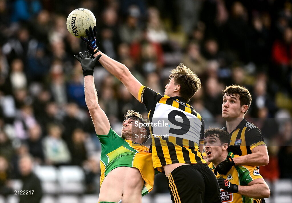 14 November 2021; Matthew Barrett of Mountbellew Moylough in action against Ronan Steede of Corofin during the Galway County Senior Club Football Championship Final match between Corofin and Mountbellew / Moylough at Pearse Stadium in Galway. Photo by David Fitzgerald/Sportsfile