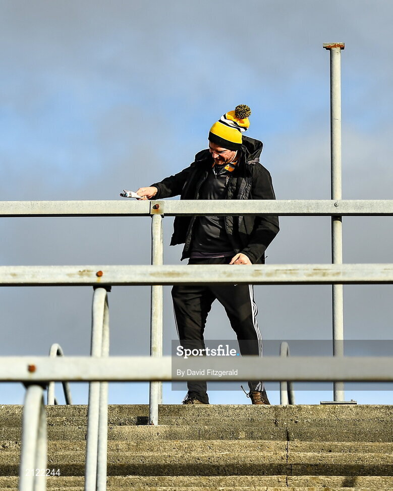 14 November 2021; Mountbellew Moylough supporter Mark Geraghty celebrates his side's first goal during the Galway County Senior Club Football Championship Final match between Corofin and Mountbellew / Moylough at Pearse Stadium in Galway. Photo by David Fitzgerald/Sportsfile
