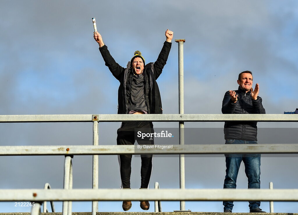 14 November 2021; Mountbellew Moylough supporter Mark Geraghty celebrates his side's first goal during the Galway County Senior Club Football Championship Final match between Corofin and Mountbellew / Moylough at Pearse Stadium in Galway. Photo by David Fitzgerald/Sportsfile