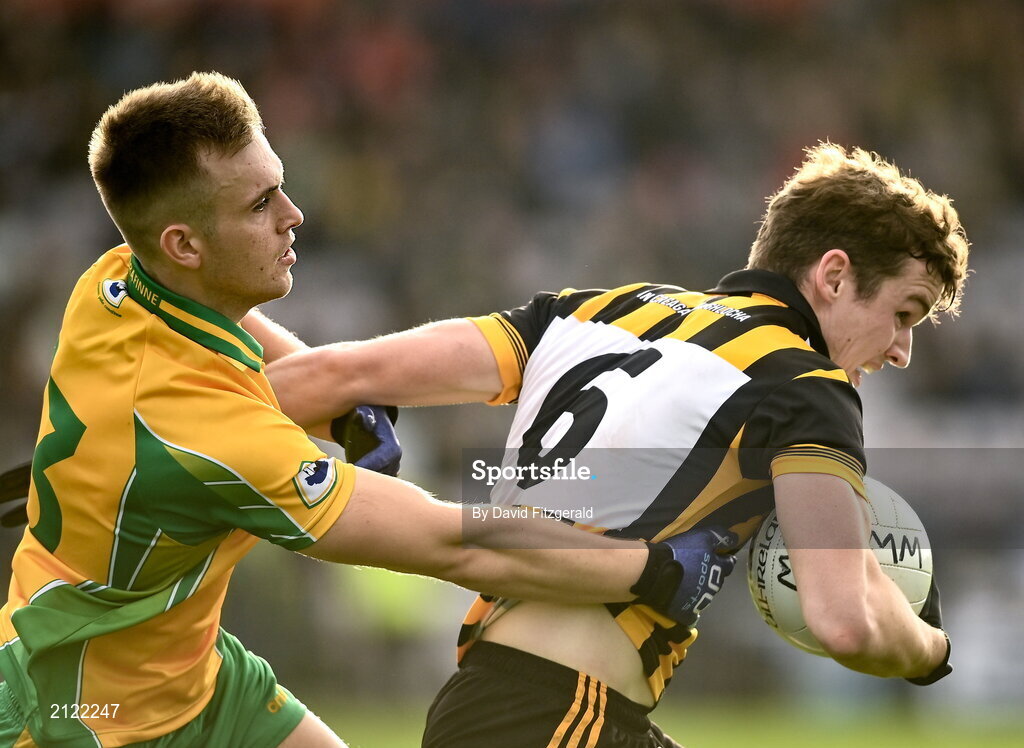 14 November 2021; John Daly of Mountbellew Moyloughl in action against Liam Silke of Corofin during the Galway County Senior Club Football Championship Final match between Corofin and Mountbellew / Moylough at Pearse Stadium in Galway. Photo by David Fitzgerald/Sportsfile