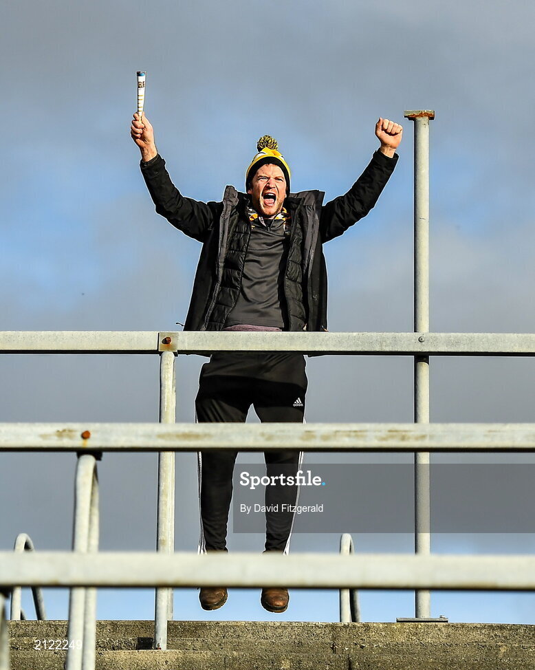 14 November 2021; Mountbellew Moylough supporter Mark Geraghty celebrates his side's first goal during the Galway County Senior Club Football Championship Final match between Corofin and Mountbellew / Moylough at Pearse Stadium in Galway. Photo by David Fitzgerald/Sportsfile
