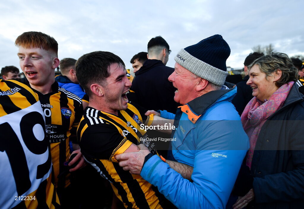 14 November 2021; Barry McHugh of Mountbellew Moylough celebrates with supporter Brendan Hinds after the Galway County Senior Club Football Championship Final match between Corofin and Mountbellew / Moylough at Pearse Stadium in Galway. Photo by David Fitzgerald/Sportsfile