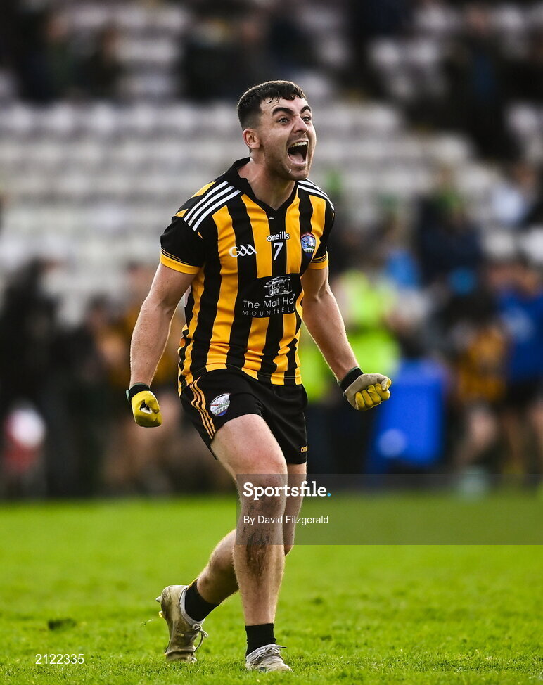 14 November 2021; James Foley of Mountbellew Moylough celebrates at the final whistle after the Galway County Senior Club Football Championship Final match between Corofin and Mountbellew / Moylough at Pearse Stadium in Galway. Photo by David Fitzgerald/Sportsfile