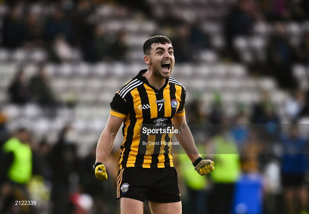 14 November 2021; James Foley of Mountbellew Moylough celebrates at the final whistle after the Galway County Senior Club Football Championship Final match between Corofin and Mountbellew / Moylough at Pearse Stadium in Galway. Photo by David Fitzgerald/Sportsfile