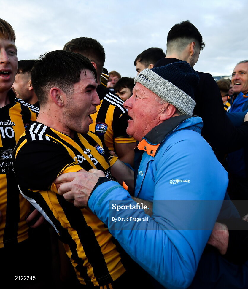 14 November 2021; Barry McHugh of Mountbellew Moylough celebrates with supporter Brendan Hinds after the Galway County Senior Club Football Championship Final match between Corofin and Mountbellew / Moylough at Pearse Stadium in Galway. Photo by David Fitzgerald/Sportsfile