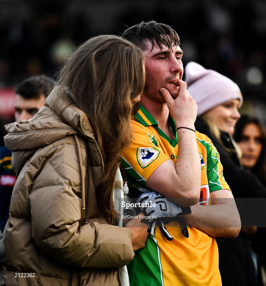 14 November 2021; Conor Newell of Corofin is consoled after the Galway County Senior Club Football Championship Final match between Corofin and Mountbellew / Moylough at Pearse Stadium in Galway. Photo by David Fitzgerald/Sportsfile