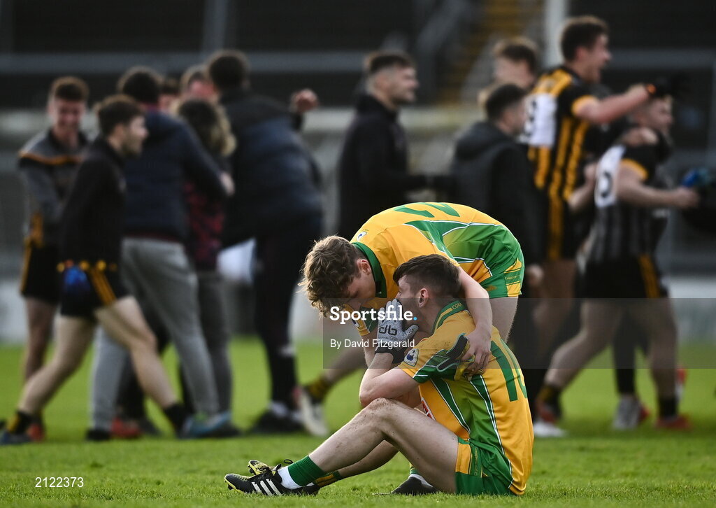 14 November 2021; Conor Newell of Corofin is consoled by team-mate Matthew Cooley after the Galway County Senior Club Football Championship Final match between Corofin and Mountbellew / Moylough at Pearse Stadium in Galway. Photo by David Fitzgerald/Sportsfile