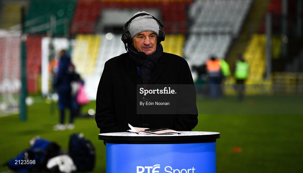 16 November 2021; Shelbourne manager Noel King during his role as analyst for RTÉ before the UEFA European U21 Championship qualifying group A match between Republic of Ireland and Sweden at Tallaght Stadium in Dublin. Photo by Eóin Noonan/Sportsfile