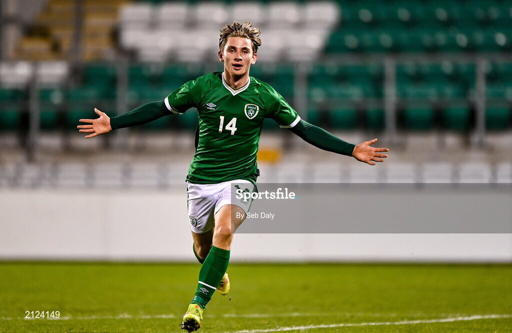 16 November 2021; Oliver O'Neill of Republic of Ireland celebrates after scoring his side's winning goal during the UEFA European U21 Championship qualifying group A match between Republic of Ireland and Sweden at Tallaght Stadium in Dublin. Photo by Seb Daly/Sportsfile