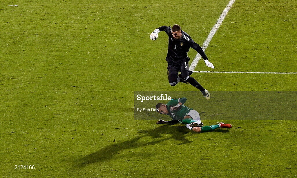 16 November 2021; Samuel Brolin of Sweden in action against Tyreik Wright of Republic of Ireland during the UEFA European U21 Championship qualifying group A match between Republic of Ireland and Sweden at Tallaght Stadium in Dublin. Photo by Seb Daly/Sportsfile