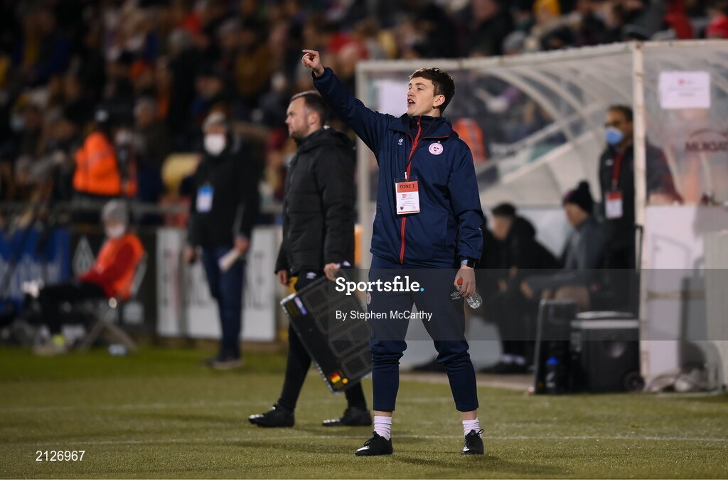 21 November 2021; Shelbourne analysts & coach Ciaran King during the 2021 EVOKE.ie FAI Women's Cup Final between Wexford Youths and Shelbourne at Tallaght Stadium in Dublin. Photo by Stephen McCarthy/Sportsfile