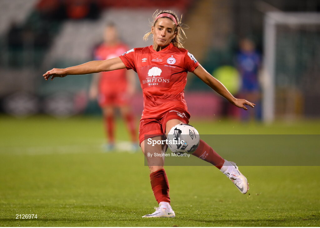 21 November 2021; Chloe Mustaki of Shelbourne during the 2021 EVOKE.ie FAI Women's Cup Final between Wexford Youths and Shelbourne at Tallaght Stadium in Dublin. Photo by Stephen McCarthy/Sportsfile