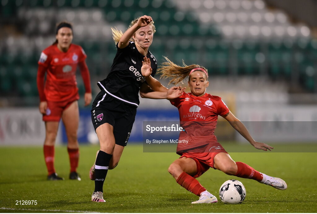 21 November 2021; Chloe Mustaki of Shelbourne in action against Aoibheann Clancy of Wexford Youths during the 2021 EVOKE.ie FAI Women's Cup Final between Wexford Youths and Shelbourne at Tallaght Stadium in Dublin. Photo by Stephen McCarthy/Sportsfile