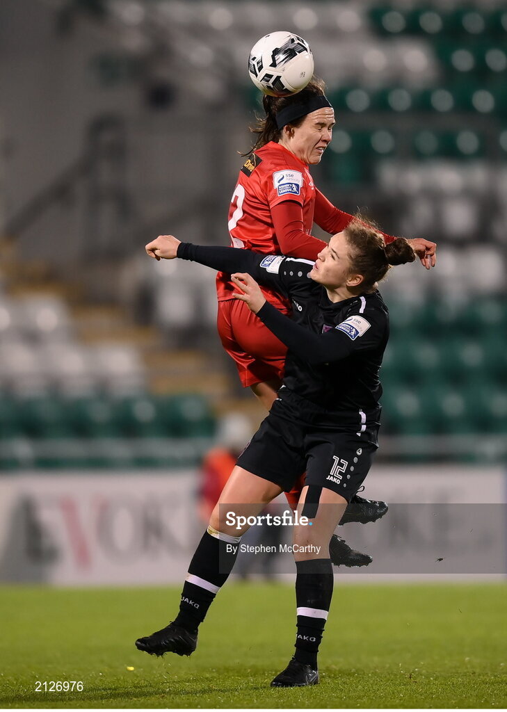 21 November 2021; Ciara Grant of Shelbourne in action against Ciara Rossiter of Wexford Youths during the 2021 EVOKE.ie FAI Women's Cup Final between Wexford Youths and Shelbourne at Tallaght Stadium in Dublin. Photo by Stephen McCarthy/Sportsfile