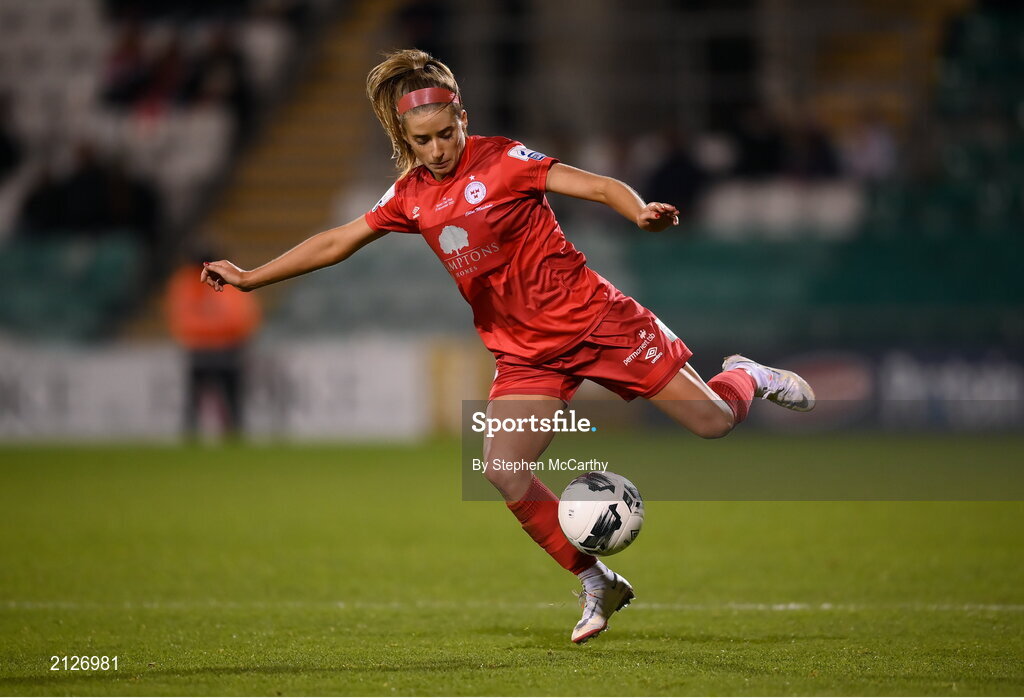 21 November 2021; Chloe Mustaki of Shelbourne during the 2021 EVOKE.ie FAI Women's Cup Final between Wexford Youths and Shelbourne at Tallaght Stadium in Dublin. Photo by Stephen McCarthy/Sportsfile