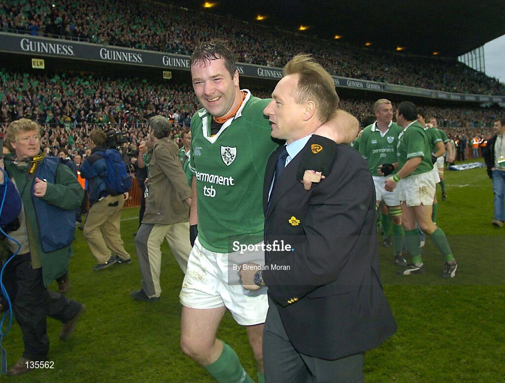 27 March 2004; Ireland's Anthony Foley and head coach Eddie O'Sullivan celebrate victory over Scotland. RBS Six Nations Rugby Championship 2003-2004, Ireland v Scotland, Lansdowne Road, Dublin. Picture credit; Brendan Moran / SPORTSFILE *EDI*