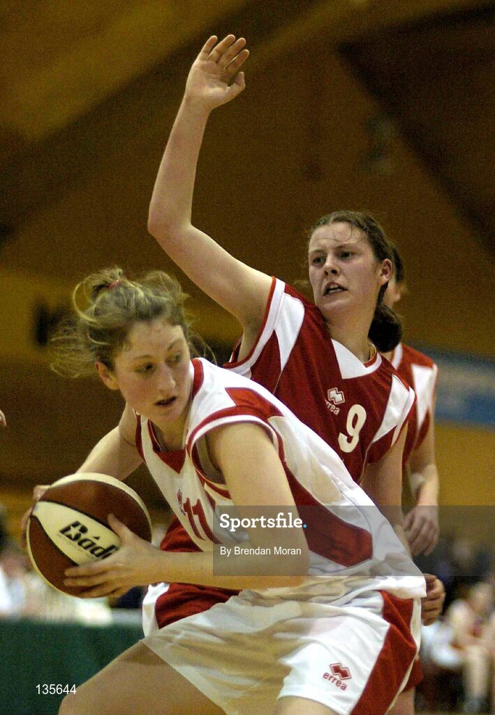 30 March 2004; Kate Enright, Salesians, in action against Mary Walsh, Killarney. All - Ireland Schoolgirls Basketball League, Senior 'C' Final, Salesians, Limerick, v Killarney Community College, Kerry, ESB Arena, Tallaght, Dublin. Picture credit; Brendan Moran / SPORTSFILE *EDI*