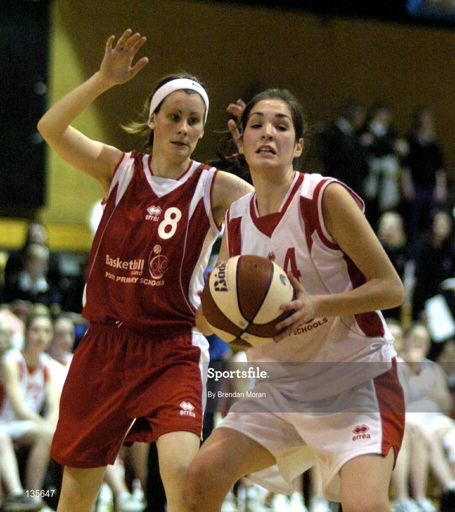 30 March 2004; Rebecca Fitzgerald, Salesians, in action against Siobhan Griffin, Killarney. All - Ireland Schoolgirls Basketball League, Senior 'C' Final, Salesians, Limerick, v Killarney Community College, Kerry, ESB Arena, Tallaght, Dublin. Picture credit; Brendan Moran / SPORTSFILE *EDI*