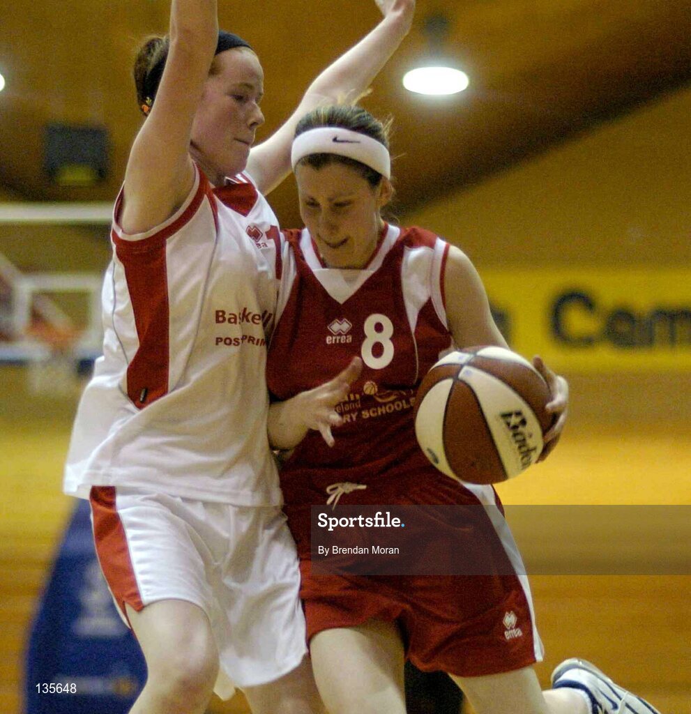 30 March 2004; Siobhan Griffin, Killarney, in action against Aisling Danagher, Salesians. All - Ireland Schoolgirls Basketball League, Senior 'C' Final, Salesians, Limerick, v Killarney Community College, Kerry, ESB Arena, Tallaght, Dublin. Picture credit; Brendan Moran / SPORTSFILE *EDI*