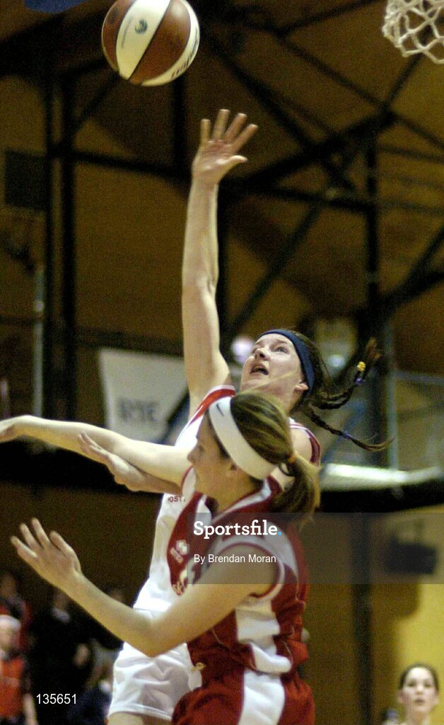 30 March 2004; Sorcha Holmes, Salesians, in action against Siobhan Griffin, Killarney C.C. All - Ireland Schoolgirls Basketball League, Senior 'C' Final, Salesians, Limerick, v Killarney Community College, Kerry, ESB Arena, Tallaght, Dublin. Picture credit; Brendan Moran / SPORTSFILE *EDI*