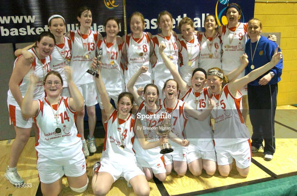 30 March 2004; The team from Salesians, Limerick celebrate with the cup after the game. All - Ireland Schoolgirls Basketball League, Senior 'C' Final, Salesians, Limerick, v Killarney Community College, Kerry, ESB Arena, Tallaght, Dublin. Picture credit; Brendan Moran / SPORTSFILE *EDI*