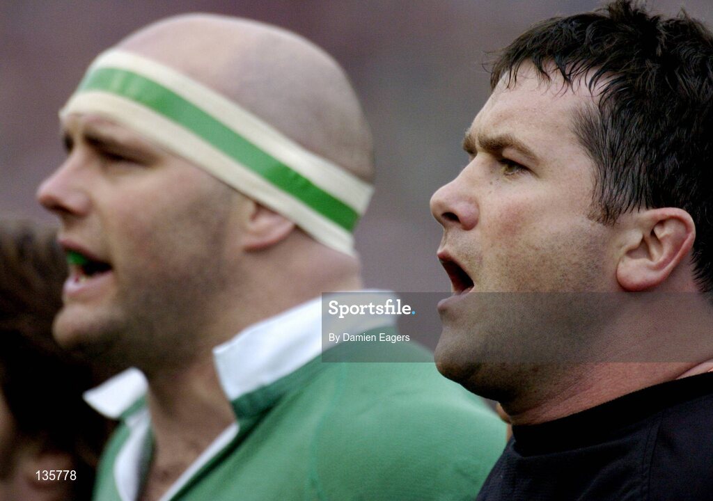 27 March 2004; Ireland's Anthony Foley, right, and John Hayes sing the national anthem before the game. RBS 6 Nations Championship 2003-2004, Ireland v Scotland, Lansdowne Road, Dublin. Picture credit; Damien Eagers / SPORTSFILE *EDI*