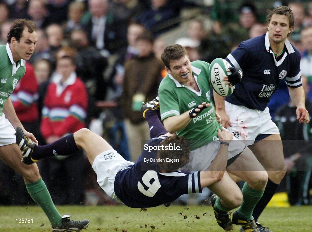 27 March 2004; Gordon D'Arcy, Ireland, in action against Chris Cusiter, (9), Scotland. RBS 6 Nations Championship 2003-2004, Ireland v Scotland, Lansdowne Road, Dublin. Picture credit; Damien Eagers / SPORTSFILE *EDI*
