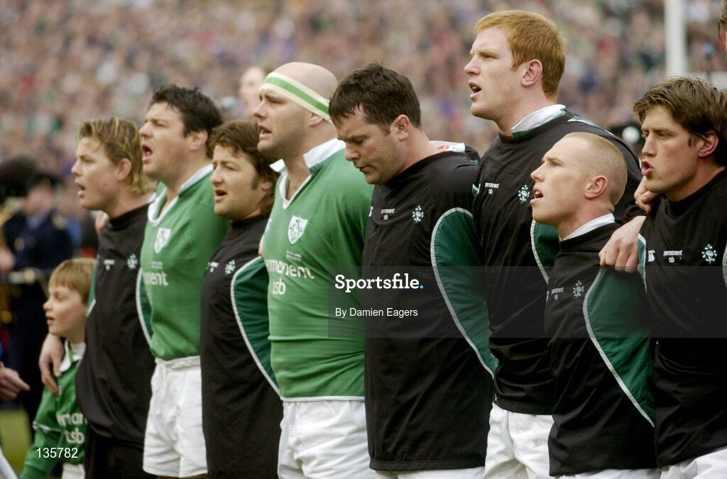 27 March 2004; Ireland players, from right, Ronan O'Gara, Peter Stringer, Paul O'Connell, Anthony Foley, John Hayes, Shane Byrne, Reggie Corrigan and captain Brian O'Driscoll sing the national anthem. RBS 6 Nations Championship 2003-2004, Ireland v Scotland, Lansdowne Road, Dublin. Picture credit; Damien Eagers / SPORTSFILE *EDI*
