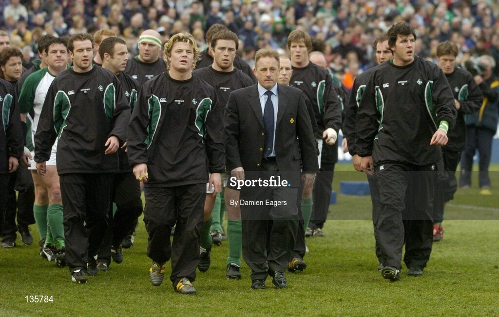27 March 2004; The Ireland team lead by team captain Brian O'Driscoll and manager Eddie O'Sullivan return to the dressing room before the match. RBS 6 Nations Championship 2003-2004, Ireland v Scotland, Lansdowne Road, Dublin. Picture credit; Damien Eagers / SPORTSFILE *EDI*