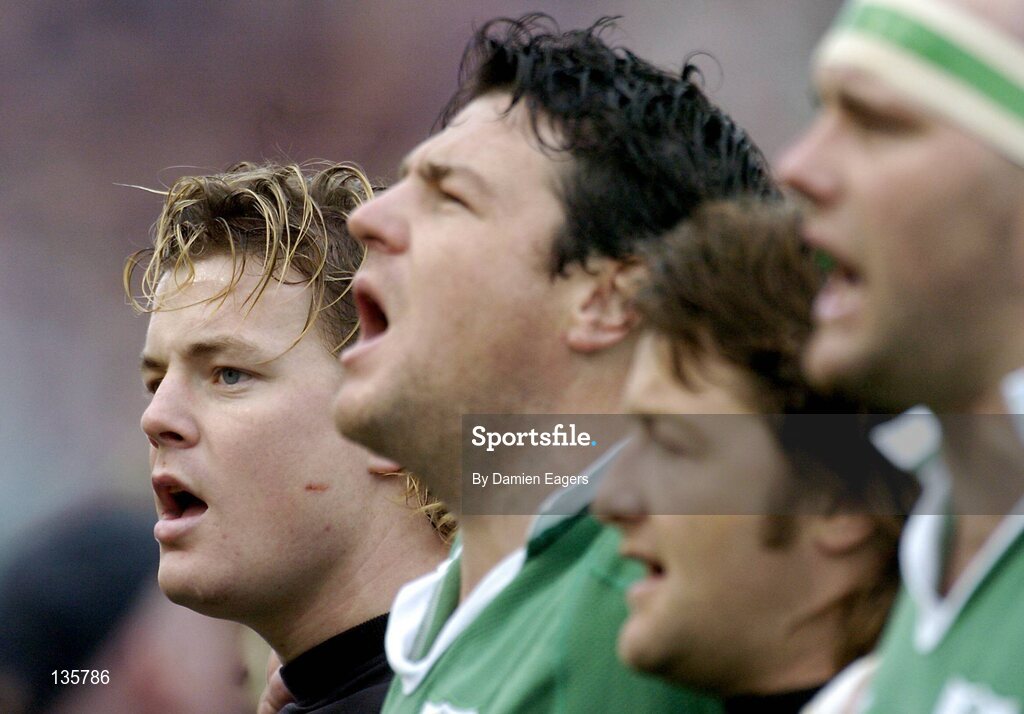 27 March 2004; Ireland players, from left, captain Brian O'Driscoll, Reggie Corrigan, Shane Byrne and John Hayes sing Ireland's Call before the game. RBS 6 Nations Championship 2003-2004, Ireland v Scotland, Lansdowne Road, Dublin. Picture credit; Damien Eagers / SPORTSFILE *EDI*