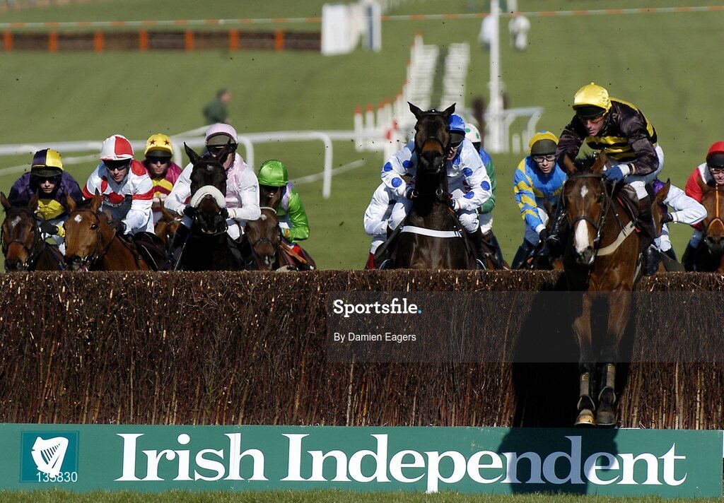 16 March 2004; John James, with Ken Whelan up, jumps the last 'first time around' to lead the field during the Irish Independent Arkle Challenge Trophy Steeeple Chase, Cheltenham Festival, Prestbury Park, Cheltenham, England. Horse Racing. Picture credit; Damien Eagers / SPORTSFILE *EDI*